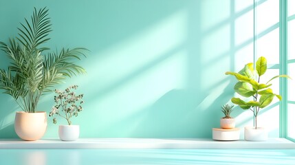 Refreshing Aqua Toned 3D Studio Room with Minimalist Interior Design and Natural Lighting  Empty open space with product podium shadow overlay and clean serene atmosphere for modern