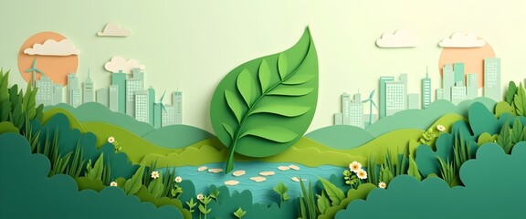 eco-friendly urban city with nature's protection in paper art style