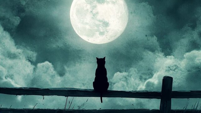 A black cat sits on an old fence, gazing at the full moon on a cloudy night. Perfect for Halloween-themed projects, spooky atmosphere, or magical and mysterious content