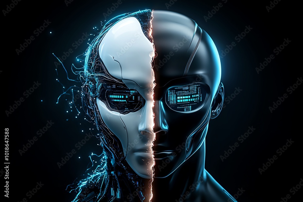 Aufkleber Futuristic image of an artificial intelligence being split between light and dark, with contrasting data streams flowing from each side, representing the dualism of technology