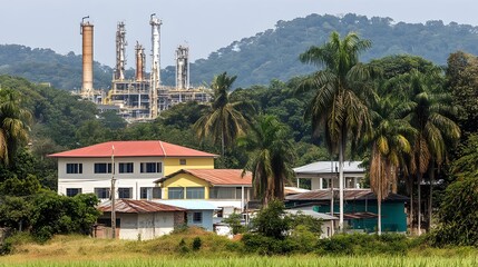 Fototapeta premium Forest Canopy Merging with Refinery Tanks - A Symbolic Representation of Deforestation and