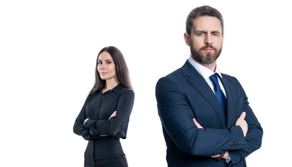 successful businesspeople. business coworkers isolated on white. two businesspeople in formal suit. ambitious businesspeople support. professional business leader with manager. on business market