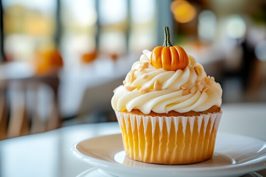 A cupcake with a pumpkin on top is sitting on a white plate. The pumpkin is orange and has a green stem. The cupcake is decorated with frosting and has a light, fluffy texture - Powered by Adobe