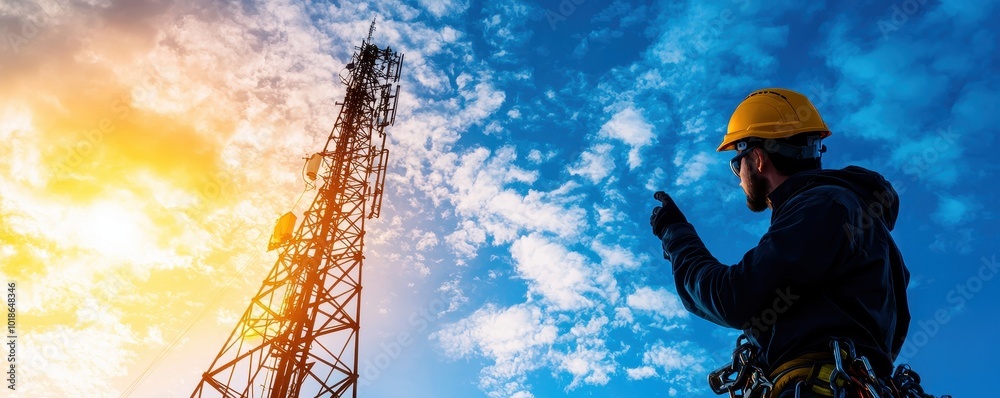 Wall mural A worker in a helmet examines a telecommunications tower against a vibrant sky during sunset, highlighting the connection between technology and nature.