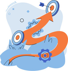 Flexibility. Shown are multiple bullseyes connected by a curved orange arrow. An arrow hits the final target, symbolizing achieving goals. Ideal for business strategies, goal setting, success