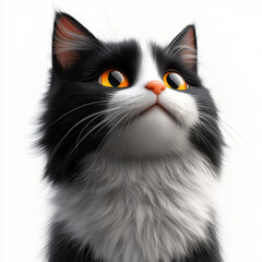 Fototapeta premium Closeup Black with White Fluffy Cat on Plain White Background
