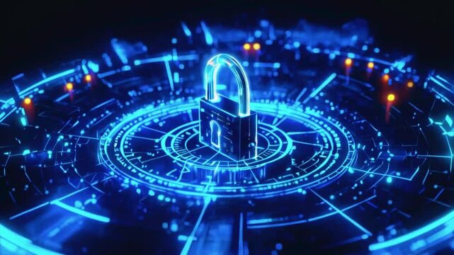 A 3D padlock rises dark blue binary polygons circular. digital connections protective grid security layers. glowing lines connect, cyber defense, 4k technology background Animation Video