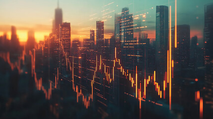 Dynamic stock market graph over a modern city skyline at dusk