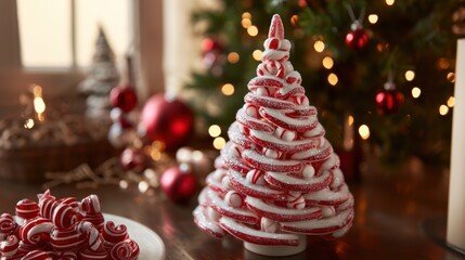 Candy cane Christmas tree with peppermint decorations on a festive holiday table. Sweet, creative, and fun twist on traditional Christmas decor.