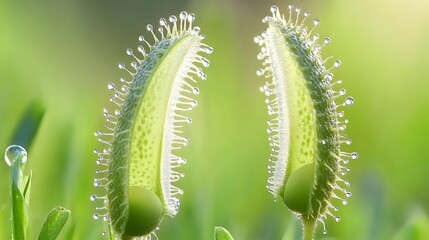 Naklejka premium Sundew Plant Tentacles Sparkling with Dew Revealing Carnivorous Trap Mechanism