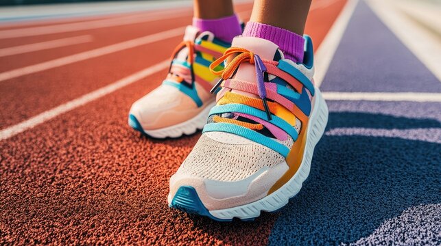 A close-up of colorful sneakers with personalized laces, placed on a running track, highlighting the details that make them stand out.