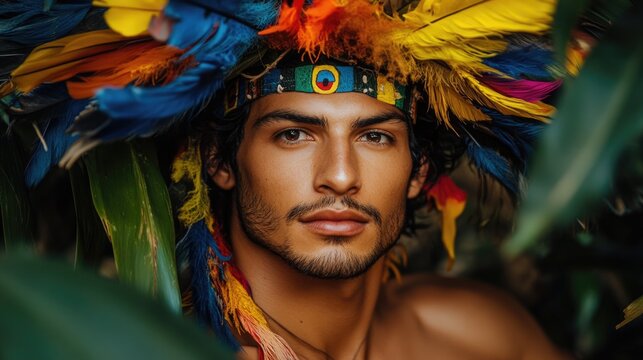 A man embodies Moctezuma amid vibrant Aztec culture and lush nature