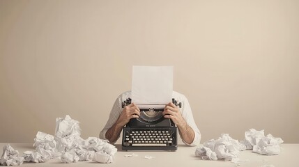 A writer sitting at a vintage typewriter, paper crumpled all around, trying to create the perfect story, writer s block, creativity and struggle