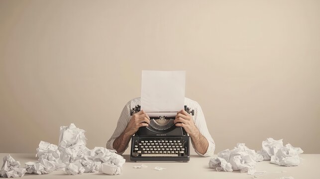 A writer sitting at a vintage typewriter, paper crumpled all around, trying to create the perfect story, writer s block, creativity and struggle