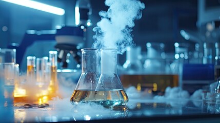 A close-up of laboratory glassware with steam rising from one beaker, indicating a reaction, with additional scientific equipment in the background.
