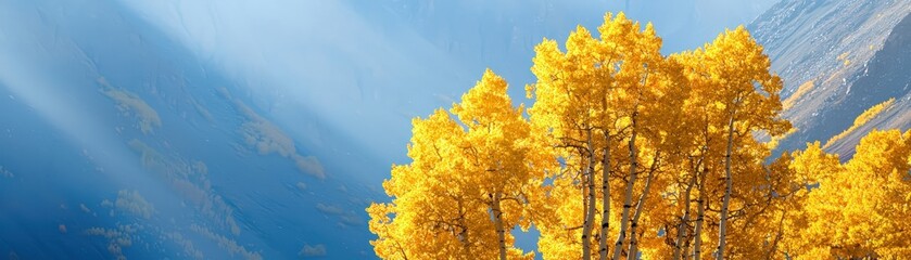 Fototapeta premium A vibrant autumn landscape showcasing golden trees against a serene blue backdrop, capturing the beauty of nature's seasonal change.