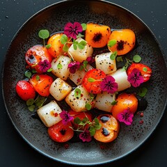 Colorful dish of diced vegetables and edible flowers arranged beautifully on a black plate during a culinary presentation