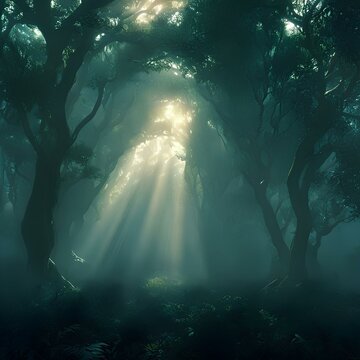 Mystical forest with fog and sunlight streaming through trees
Foresta mistica con nebbia e luce solare che filtra attraverso gli alberi