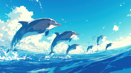 Naklejka premium Playful dolphins leaping through vibrant ocean waves