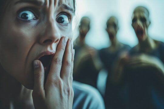 A person with a hand covering their mouth in shock, with blurry figures in the background spreading slanderous rumors