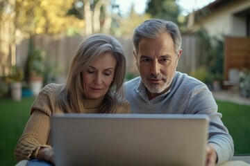 A senior couple sitting together, reviewing life insurance policies on a laptop, with a blurred garden or backyard in the background