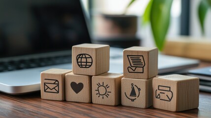 A close-up of wooden blocks with icons for online learning platforms, digital textbooks, and collaborative tools, on a desk beside a laptop.