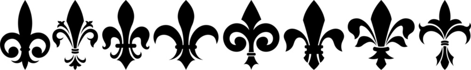 Set of Vector Fleur-de-Lis Icons and Symbols for Graphic Design, Decoration, and Heraldry, Ideal for Elegant Patterns, Invitations, and Vintage Artworks