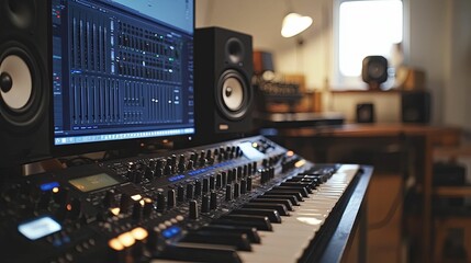 Close-up of a Music Production Workstation with a Keyboard and a Computer Monitor Showing an Audio Mixer
