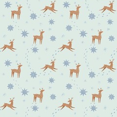 Seamless Christmas pattern with deer and snowflakes 