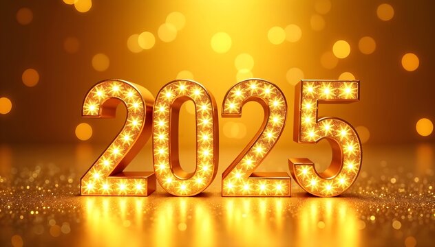 Golden 2025 text with lights against a blurred golden background - Powered by Adobe