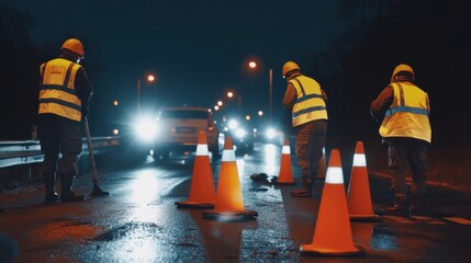 Nighttime Road Construction Crew at Work