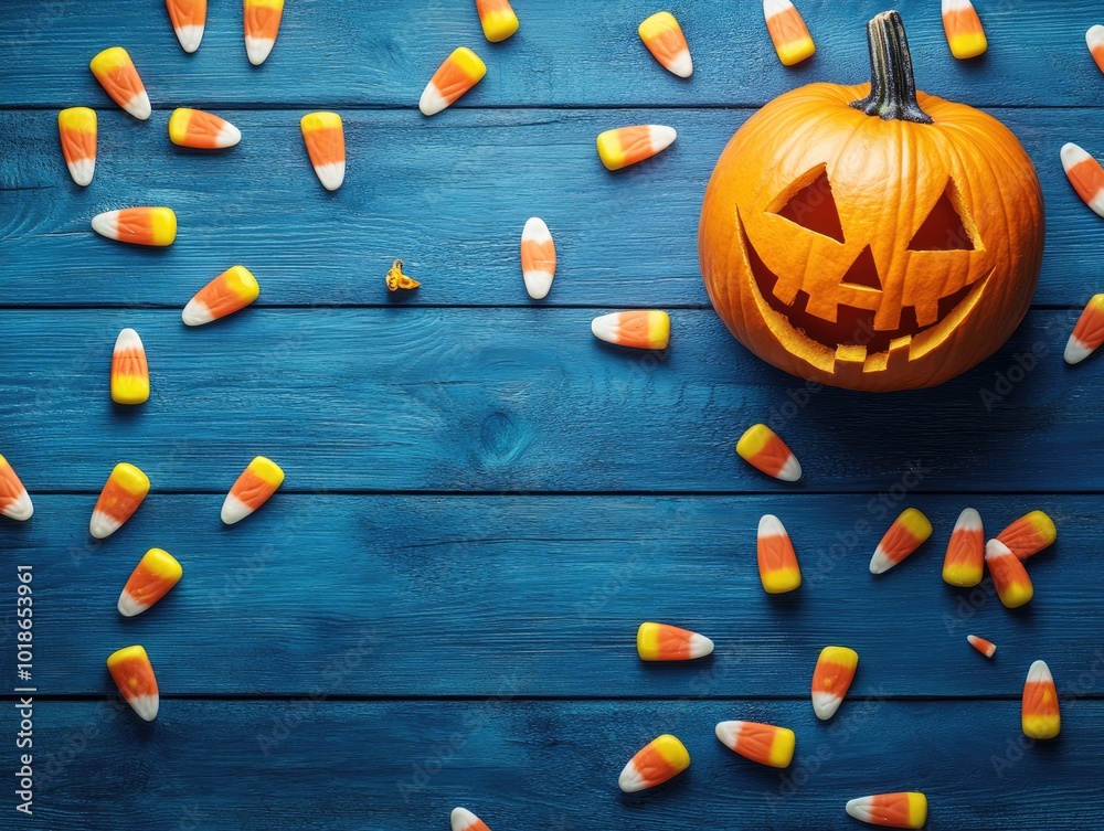 Sticker Halloween themed flat lay featuring jack o lantern pumpkin candy corn and decorations on a blue wooden background