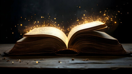 An Open Book with Glowing Light Emitting from its Pages on a Dark Wooden Surface