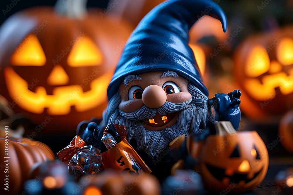 Poster hyper-realistic close-up of a gnomeâ€™s face, smiling while holding a trick-or-treat bag, with detai