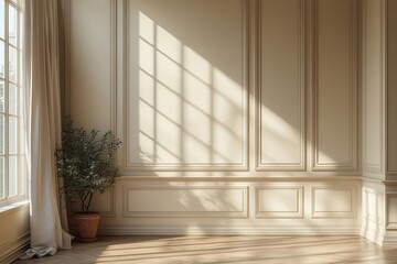 Fototapeta premium luxurious interior showcasing beige wooden wall panels classic moldings and modern design elements bathed in warm light perfect for a highend product mockup