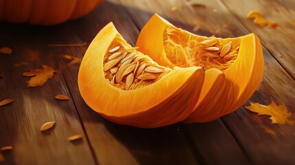 Sliced pumpkin with seeds on a wooden background. Close-up