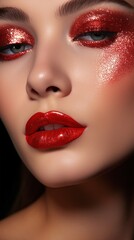 Obraz premium Beautiful young model with glossy red lips and eyeshadows. Perfect skin wet face effect. Metallic shine makeup.