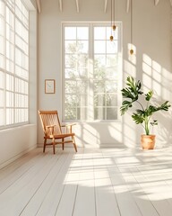 Bright and airy 3D studio setting with a smooth gray backdrop and hardwood floor featuring a central product display stand under softly diffused natural light from windows
