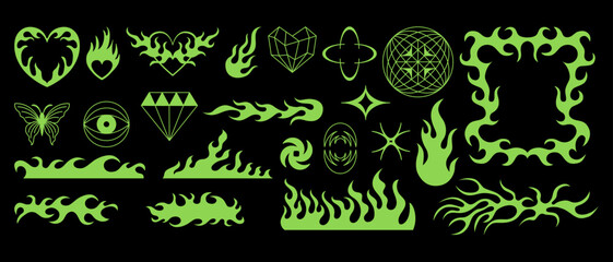 Vector design set, flames and fire, acid neo tribal shapes, y2k elements and abstract illustrations in gothic style, gothic and acid tattoos and print templates