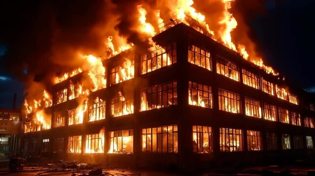 A building is on fire with flames shooting out of the top. The building is tall and has many windows. The fire is very large and is spreading quickly