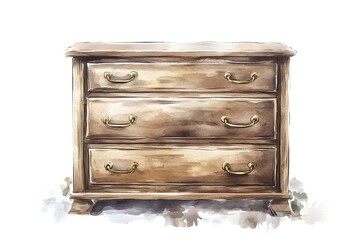 A rustic wooden dresser with three drawers, featuring brass handles, set against a light background.