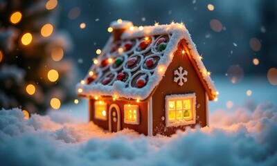 Festive Christmas gingerbread house on snowy bokeh background