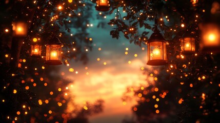 Naklejka premium Lanterns and String Lights Hanging from a Tree at Dusk