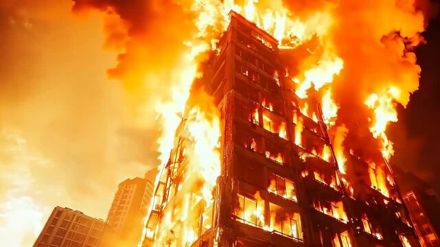 A building is on fire with orange flames and smoke. The sky is cloudy and the sun is setting