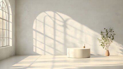 Minimalist 3D studio room with a clean white background empty floor and wall product podium and a subtle shadow overlay from the window casting a soft diffused sunlight across the countertop