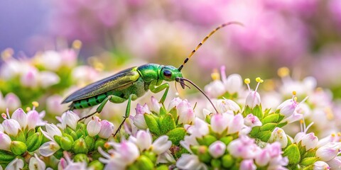 Beetle perched on Thymus flowers showcasing point of view perspective