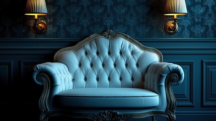 Elegant vintage tufted sofa under soft lighting in a darkly themed room with textured wall design