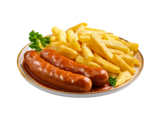Currywurst with fries isolated on white background, cutout