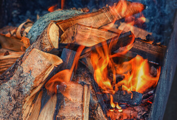 Firewood is burning in barbecue. Lighting fire for cooking barbecue