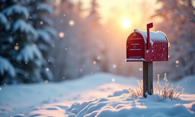 Snowy Christmas mailbox on winter sunset